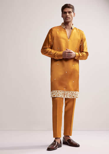 Yellow Satin Blend Kurta Set For Men With Hand Embroidered Buttis