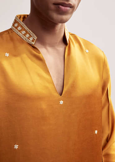 Yellow Satin Blend Kurta Set For Men With Hand Embroidered Buttis