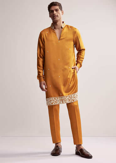 Yellow Satin Blend Kurta Set For Men With Hand Embroidered Buttis