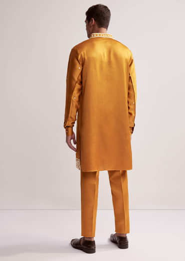 Yellow Satin Blend Kurta Set For Men With Hand Embroidered Buttis