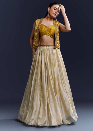 Yellow Satin Festive Lehenga With Hand Dyed Chevron Print Jacket