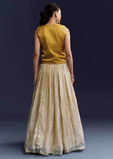 Yellow Satin Festive Lehenga With Hand Dyed Chevron Print Jacket