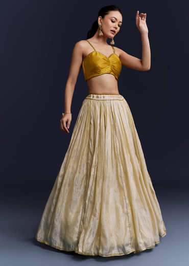 Yellow Satin Festive Lehenga With Hand Dyed Chevron Print Jacket
