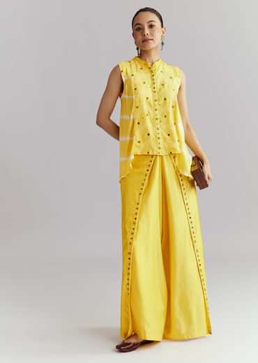 Yellow Satin Indo Western Set With Bandhani And Leheriya Print