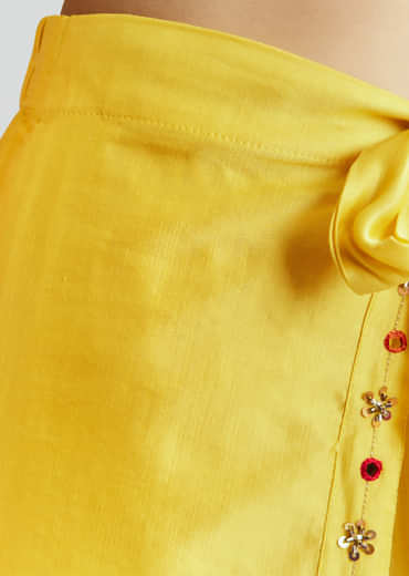 Yellow Satin Indo Western Set With Bandhani And Leheriya Print