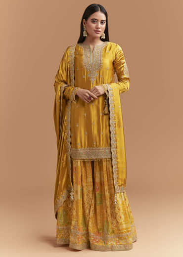 Yellow Satin Suit With Floral Printed Palazzo