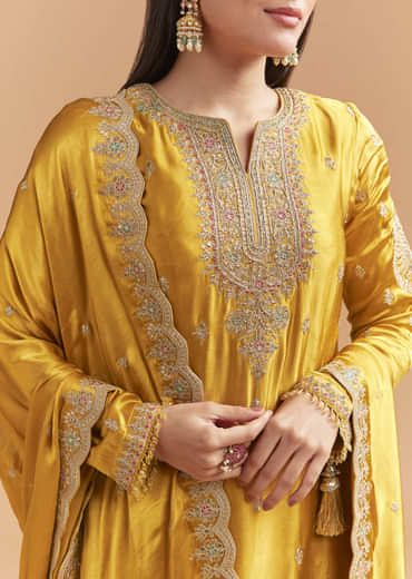 Yellow Satin Suit With Floral Printed Palazzo