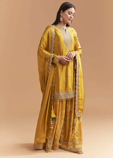 Yellow Satin Suit With Floral Printed Palazzo