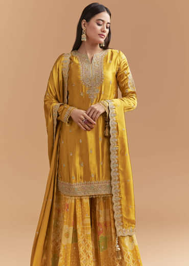 Yellow Satin Suit With Floral Printed Palazzo