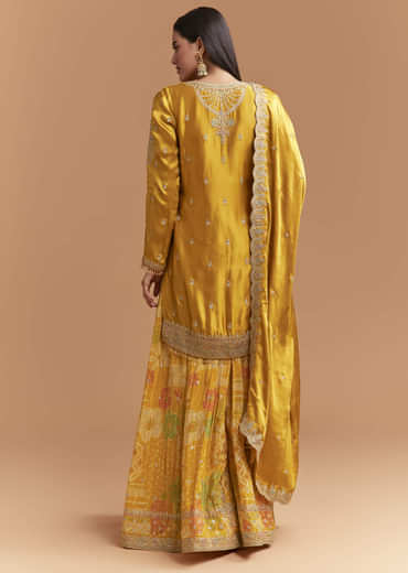 Yellow Satin Suit With Floral Printed Palazzo