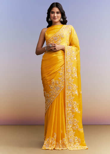 Yellow Satin Saree With Heavy Embroidered Details
