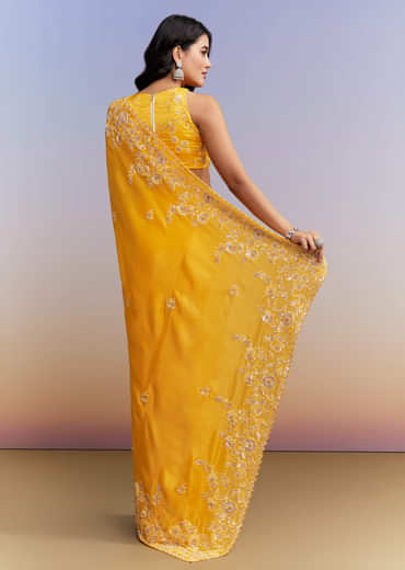 Yellow Satin Saree With Heavy Embroidered Details