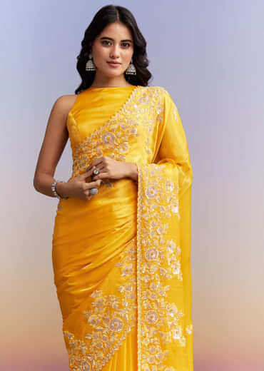 Yellow Satin Saree With Heavy Embroidered Details
