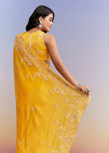 Yellow Satin Saree With Heavy Embroidered Details