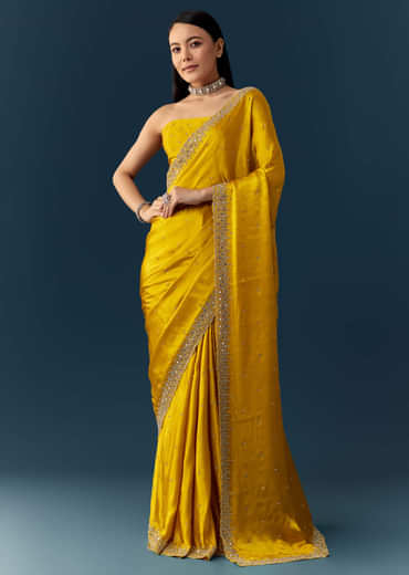 Yellow Satin Saree with Sequins and Unstitched Bouse
