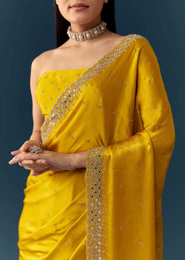 Yellow Satin Saree with Sequins and Unstitched Bouse