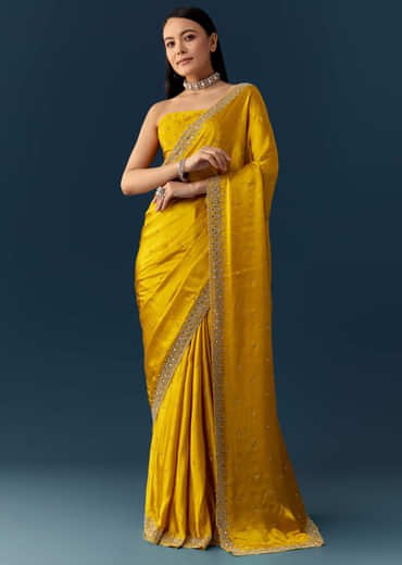Yellow Satin Saree with Sequins and Unstitched Bouse