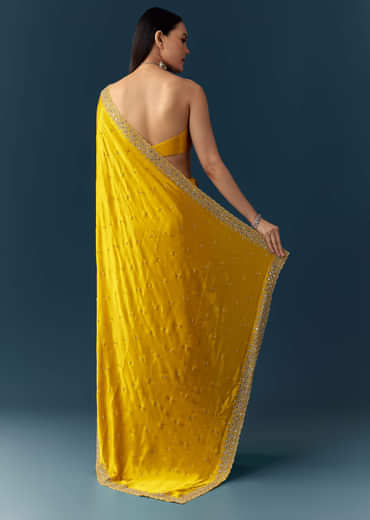 Yellow Satin Saree with Sequins and Unstitched Bouse