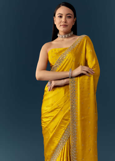Yellow Satin Saree with Sequins and Unstitched Bouse