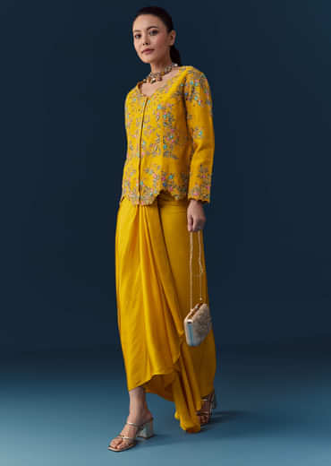 Yellow Satin Silk Crop Top Skirt Set with Resham Work