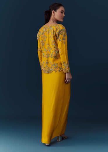 Yellow Satin Silk Crop Top Skirt Set with Resham Work