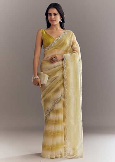 Yellow Shaded Glass Tissue Saree With Cutdana Embroidery And Scallop Border