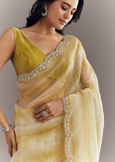 Yellow Shaded Glass Tissue Saree With Cutdana Embroidery And Scallop Border