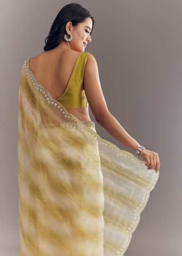 Yellow Shaded Glass Tissue Saree With Cutdana Embroidery And Scallop Border