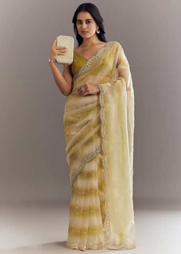 Yellow Shaded Glass Tissue Saree With Cutdana Embroidery And Scallop Border