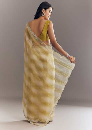 Yellow Shaded Glass Tissue Saree With Cutdana Embroidery And Scallop Border