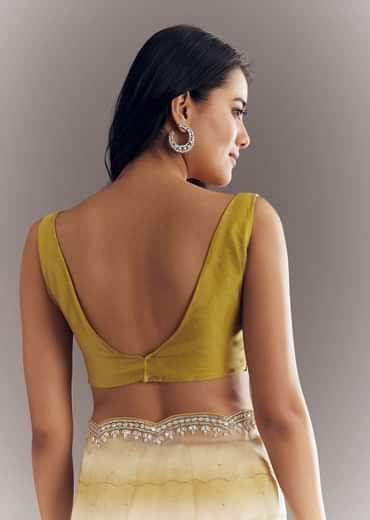Yellow Shaded Glass Tissue Saree With Cutdana Embroidery And Scallop Border