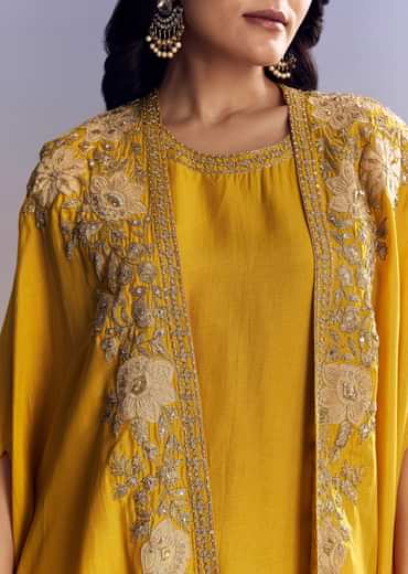 Yellow Sharara Set With Zari Cape