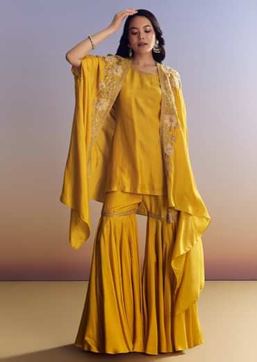 Yellow Sharara Set With Zari Cape