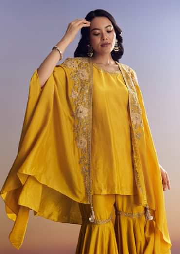Yellow Sharara Set With Zari Cape