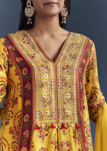 Yellow Silk Anarkali Suit With Floral Print And Zari Embroidery