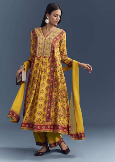 Yellow Silk Anarkali Suit With Floral Print And Zari Embroidery