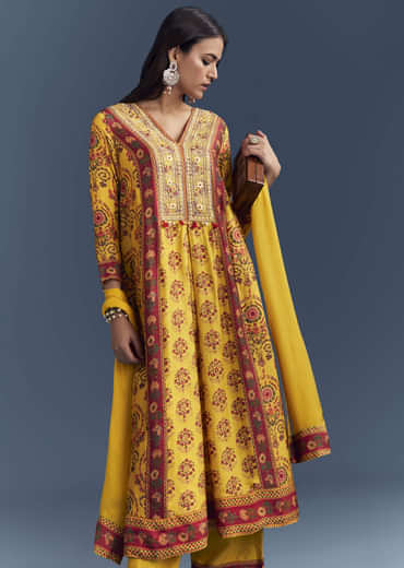 Yellow Silk Anarkali Suit With Floral Print And Zari Embroidery