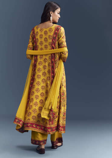 Yellow Silk Anarkali Suit With Floral Print And Zari Embroidery