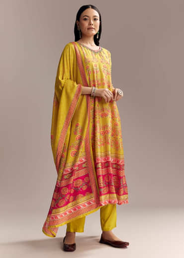 Yellow Silk Anarkali Suit With Multicolour Print