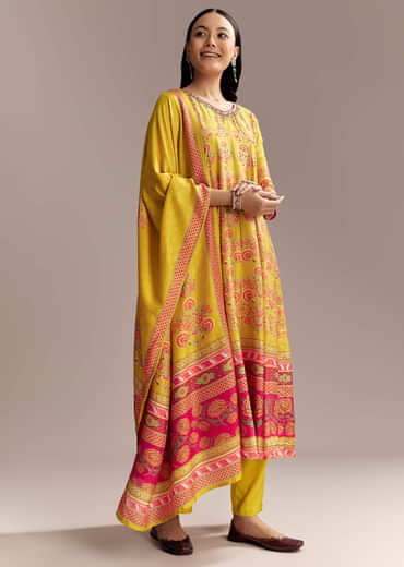 Yellow Silk Anarkali Suit With Multicolour Print