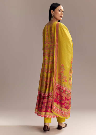 Yellow Silk Anarkali Suit With Multicolour Print