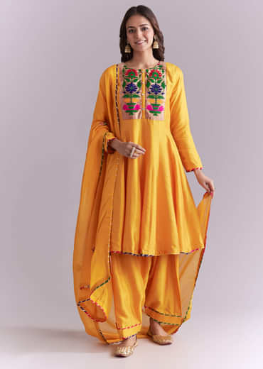 Yellow Silk Anarkali Suit With Pathani Patch Work