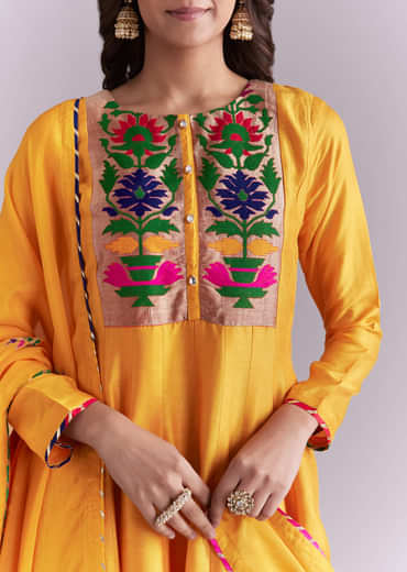 Yellow Silk Anarkali Suit With Pathani Patch Work