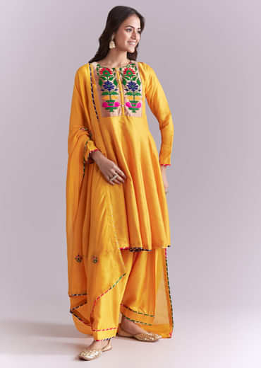 Yellow Silk Anarkali Suit With Pathani Patch Work