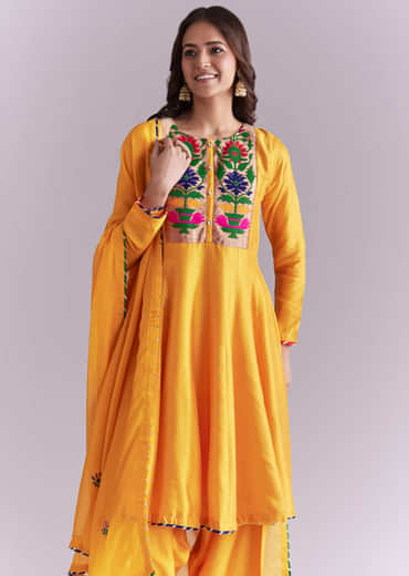 Yellow Silk Anarkali Suit With Pathani Patch Work