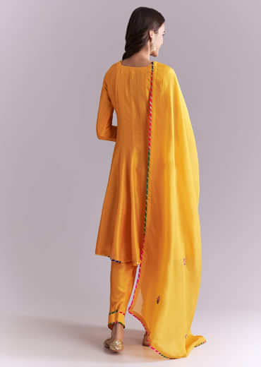 Yellow Silk Anarkali Suit With Pathani Patch Work