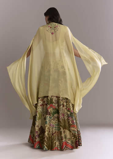 Yellow Silk Crop Top And Printed Skirt Set With Heavy Embroidery