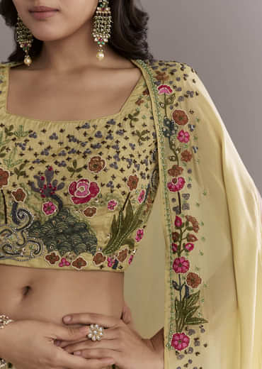 Yellow Silk Crop Top And Printed Skirt Set With Heavy Embroidery