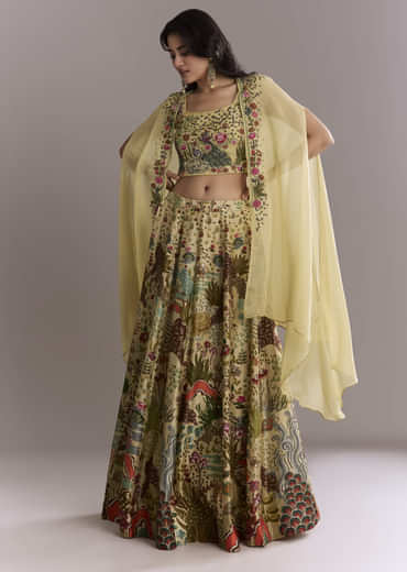 Yellow Silk Crop Top And Printed Skirt Set With Heavy Embroidery