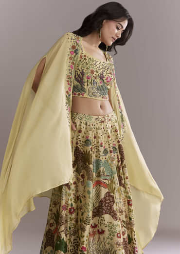 Yellow Silk Crop Top And Printed Skirt Set With Heavy Embroidery